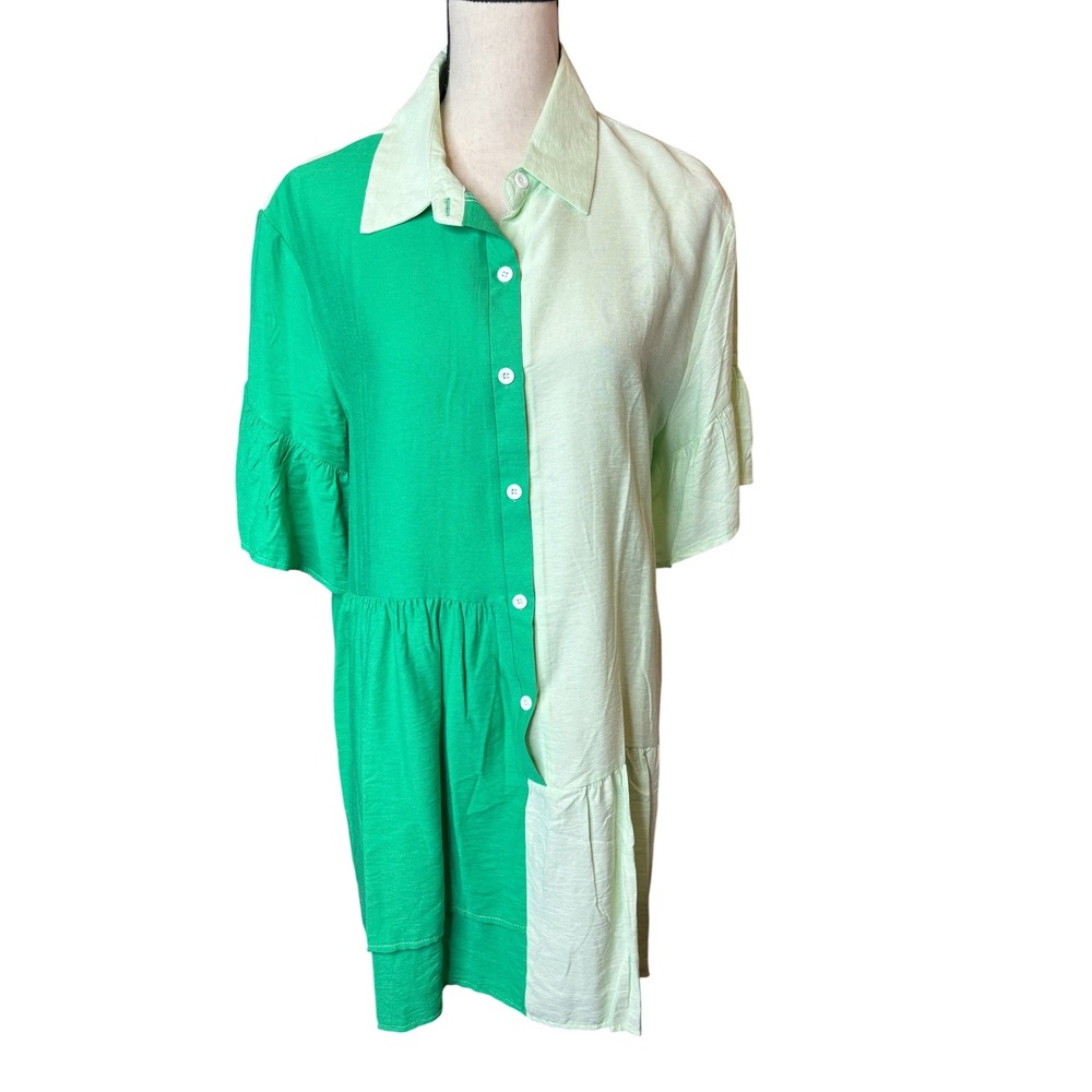 Green Colorblock Tiered Babydoll Shirt Dress Short Ruffle Sleeve Mini L